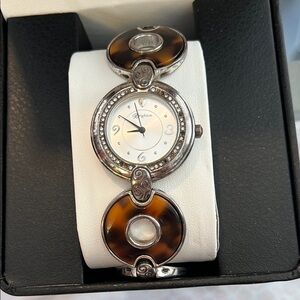 Brighton Well-Loved Topanga Silver & Tortoise Disc Band Watch w/ Crystal Accents